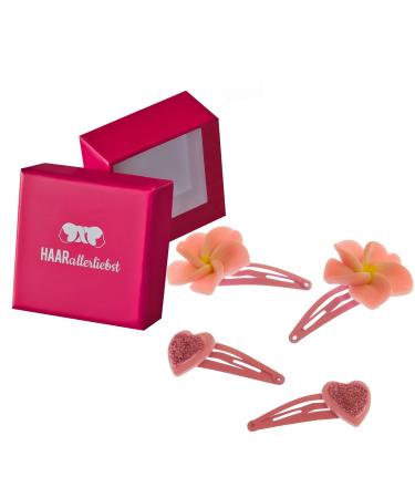 Hair -like hair clips set (4 pieces | large flower and glitter heart | pink pink) for girls including box for storage (box color: pink)