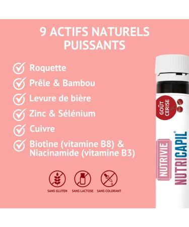Shot Fortifiant Cheveux - Croissance Force & Vitalit - Plantes + Biotine + Zinc + S l nium - Go t Cerise - 98% Naturel - Format Pratique - Fabriqu en France - Nutrivie - Buy Online on GoSupps.com
