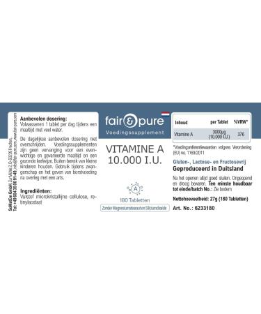 SoMatEm Fair & Pure vitamin A tablets 10000 IE 180 pieces 3000 g per tablet vegan food supplement without additives produced in Germany - Buy Online on GoSupps.com
