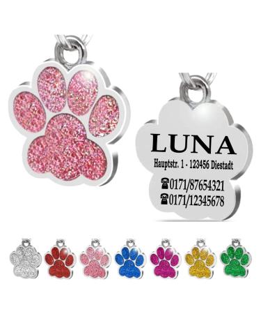 Ibera Gifts - Personalized pendants for small to medium -sized dogs and cats in paw shape - engraving dog brand collar dog hollow band Name personalized Dog address trailer cat necklace (pink) rose