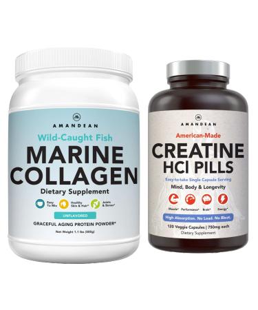 AMANDEAN Premium Creatine HCl & Marine Collagen Bundle. USA-Made CON-CRET. 7X Concentrated. Wild-Caught Hydrolyzed Fish Collagen Protein. Anti-Aging. Support Recovery & Lean Muscle. Healthy Skin