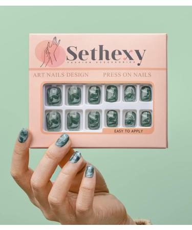 Sethexy Smokey Marble Esmeralda False Nails Glossy Collection - 24Pcs Full Cover Stick on Nails for Women and Girls - Buy Online on GoSupps.com