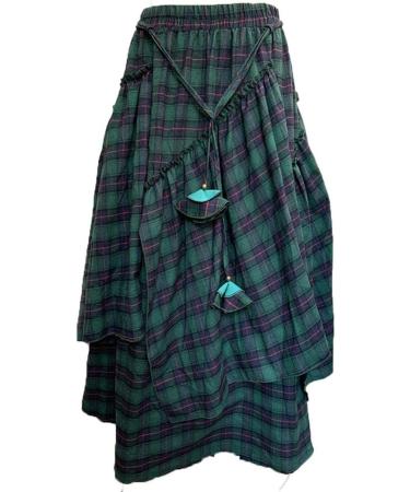 Sanahy Women's Plaid Print Retro A-Line Maxi Skirt - Green | Ankle-Length, Elastic Waist, Fringe Detail - Buy Online on GoSupps.com