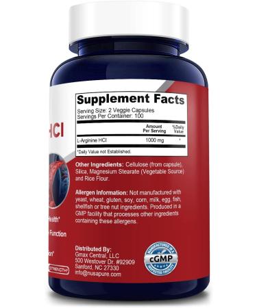 L-Arginine 1000mg 200 Veggie Capsules - Non-GMO, Vegetarian & Gluten Free - Buy Online on GoSupps.com