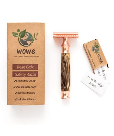 Wowe Lifestyle Double Edged Safety Razor with Long Natural Bamboo Wood Handle Experience A Better Shave Includes 5 Blades Eco Friendly Grooming for Men and Women (Rose Gold)