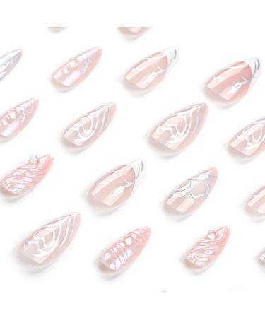 24 Pcs Medium Almond Press-On Nails - Nude & Glitter Full Cover Fake Nails | Glossy 5D Acrylic French Nails for Women & Girls - Buy Online on GoSupps.com
