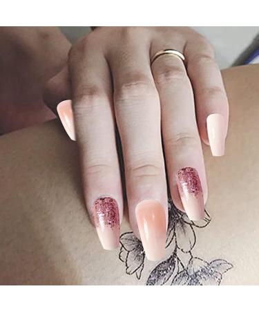 LUVADEYO 24 PCs Pink Coffin Sequins Fake Nails | Medium Length Press-On Nails with Bling Gradient & Rhinestone Design - Gorgeous Full Cover False Nails - Buy Online on GoSupps.com
