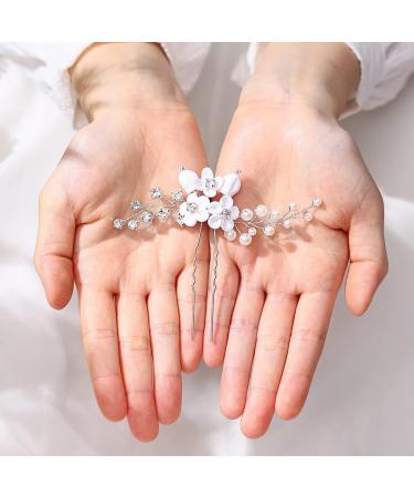 Silver Pearl Flower Bride Wedding Hair Pins | Rhinestone Bridal Headpiece for Women and Girls (Pack of 2) - Buy Online on GoSupps.com