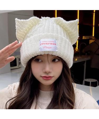 Cute Cat Ear Women's Beanie Hat - Knitted Wool Cap in White - Buy Online on GoSupps.com