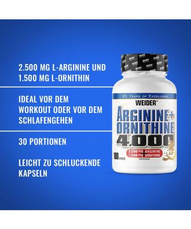 Buy Weider Arginine + Ornithine 4000 - High Dose L-Arginine Capsules | Pre-Workout Booster for Blood Circulation | 180 Amino Acid Capsules - Buy Online on GoSupps.com