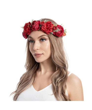 Wiwpar Rose Floral Crown Flower Hair Wreath Headband Garland with Adjustable Ribbon Headpiece for Women (Red)