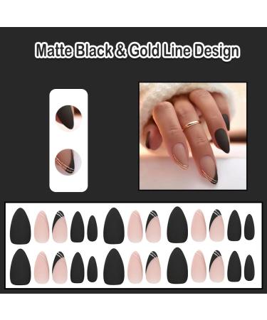 Matte Black Press on Nails - Short Medium French Tip with Gold Line Design | Acrylic Gel Stick On Nails for Weddings & Birthdays | LPP687 - Buy Online on GoSupps.com