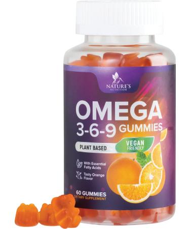 Omega 3 6 9 Vegan Gummies - Triple Strength Omega 3 Supplement Essential Oil Gummy - Omega 369 Heart Support and Brain Support for Women Men & Pregnant Women Non-GMO Orange Flavor - 60 Gummies 60 Count (Pack of 1)