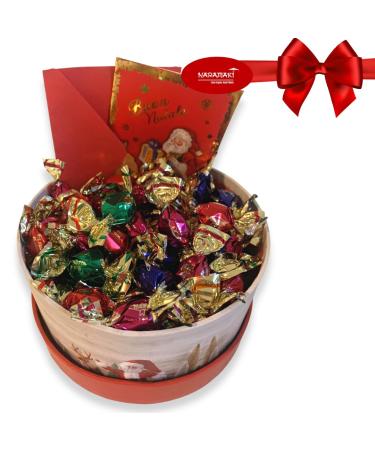NARAMAKI NARAMAKI Christmas Gift Ideas - Round Christmas Gift Box 14cm + 200g - Bye Bye Bye Fruit Sweets + Greeting Card with Envelope 10 x 7 cm - Gift Box (200g BYE FRUITS CARAMELLE)
