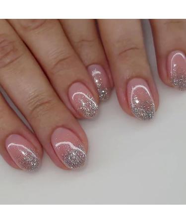 24Pcs Short Petite Press on Nails Oval Pink Fake Nails Silver Glitter Full Cover Tip Stick on Nails Artificial Acrylic False Nails Glossy Designs Nail Art Supplies for Women Girls Manicure Decorations
