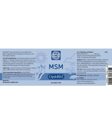 KALA HEALTH Optimsm MSM Tablets - 99.9% Pure Methylsulfonylmethane High Dose Additive-Free 60 Count - Premium MSM Sulfur for Joint Support - International Shipping Available - Buy Online on GoSupps.com