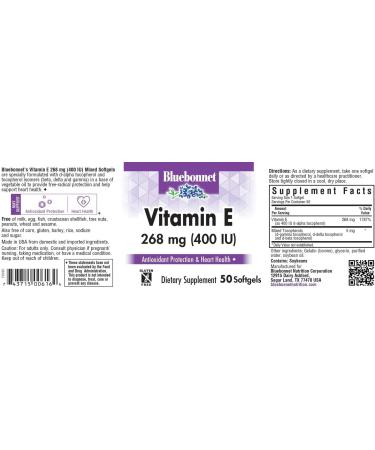 Bluebonnet Nutrition Vitamin E 400 IU Mixed Tocopherols Softgels - Free Radical & Cardiovascular Support - 50 Servings - Buy Online on GoSupps.com