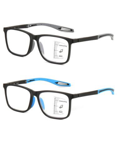 Missfive 2 Pack Mens Upgraded Unbreakable Multifocus Progressive Reading Glasses - Sports Style Anti UV/Eye Strain Blue Light Blocking Multifocal Readers Spring Hinge Near-Workspace Eyewear 2.0x Sports Style Lens Top is Not 0 / Black + Blue 2.0 x