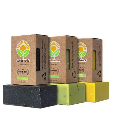 Earthmade Revitalizing Trio Combo BLACK SEA Natural Soap Bar 6oz + GARDEN Natural Soap Bar 6oz + GOLD Natural Soap Bar 6oz