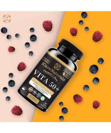 iCare Naturals Vita 50+ - Multivitamins for Seniors aged 50 and above - Health Supplement for Adults Gluten Free | Vegetarian Friendly | Halal | Manufactured in Canada FDA Registered | GMP Certified - 60 count - 2 months supply. - Buy Online on GoSupps.com