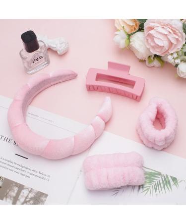 Spa Headband and Wristband Set with Hair Claw Clips | Pink Puffy Sponge Headband | Wrist Towels for Face Washing | Bubble Headband and Scrunchies for Women and Girls - Buy Online on GoSupps.com