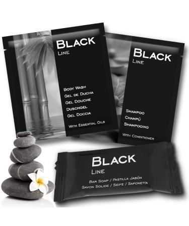 GPQ Hotel Amenities Set Black Line Kit Shower Gel + Shampoo + Soap Pack 100 Pieces x 3 Products Without Parabens Apartment Country House B&B Travel Guest House Cruise Made in Spain