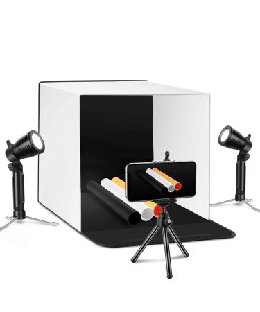 Photo Studio Light Box, Mini LED Shooting Tent Kit 16x16x16 6000K 8W Portable Table Top Lighting Shooting Tent Kit Foldable Cube with 2x20 LED Lights 3 Color Backdrops