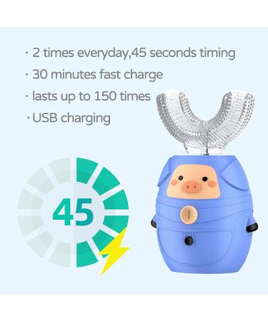 ZZCC Ultrasonic Kids Electric Toothbrush - U Shape design, Whitening, Waterproof, 3 Gear Speed, Ages 3-12 (Blue-Mini Pig) - Buy Online on GoSupps.com