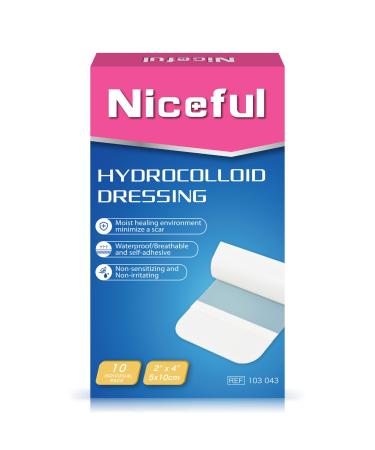 Niceful 10 Pack Hydrocolloid Bandages Large, 2"x4" Hydrocolloid Dressing Extra Thin for Light Exudate, Sterile Waterproof Wound Dressing, Large Hydrocolloid Bandages Fast Healing 2"x 4" (10 Dressings)
