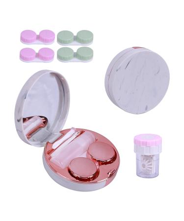Contact Lenses Case Kit, Marble Contact Lens Case with Mirror,Portable Contact Box Travel Kit with Lens Cleaner Solution Bottle Tweezers Remover for Outdoor and Office Daily Use Rose Gold