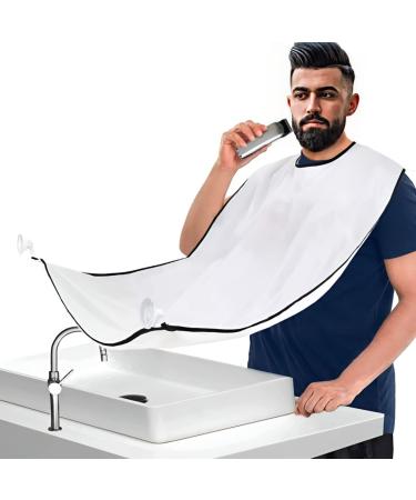 HuaShanDa Beard Bib Beard Apron, Beard Catcher for Men Shaving and Trimming, Waterproof and Non-Stick Beard Cape Grooming Cloth with 4pcs Suction Cups and Travel Pouch, Best Gifts for Men- White