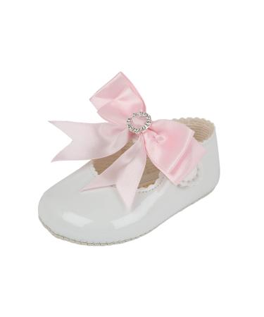 EARLY DAYS Baypods Baby Girls Shoes Soft Soled Pre Walker Shoes Diamante Bow Soft Faux Leather Baby Shoes Made in England 2 UK Child White Pink