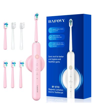 Sonic Electric Toothbrush for Adults, BAFOVY 48000 VPM Deep Cleaning Rechargeable Sonic Toothbrushes, Wall-Mounted Magnetic Wireless Charger, 6 Brush Heads, 3 Modes & Smart Timer (Pale Pink)