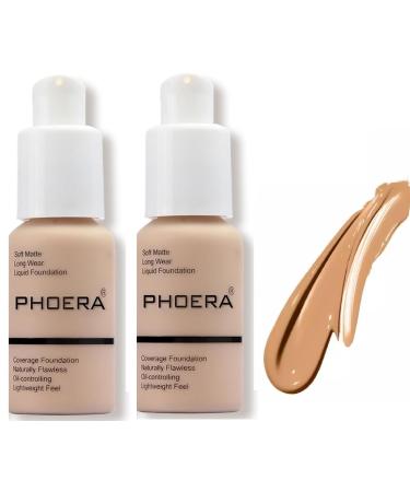 Aquapurity Phoera Full Coverage Foundation Soft Matte Oil Control Concealer 30ml Long Lasting Flawless Cream Smooth (2PCS 105 SAND) 2PCS 105 SAND 1 count (Pack of 1)