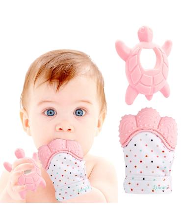 Liname baby glove teeth feasts with bonus Beißring - safe (BPA free) washable and durable teeth glove (tea in the middle) pink
