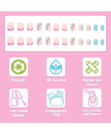 Yoolly 24pcs Short Square False French Tip False Nails Stick on Nails Glitter Press on Nails Removable Glue - on Fake Nails Acrylic Full Cover Nails Women Girls Nail Art Accessories (Rainbow Ripple) - Buy Online on GoSupps.com