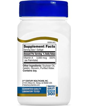 Buy 21st Century Vitamin A 3000 mcg (10,000 IU) - 110 Softgels for Vision & Immunity - Buy Online on GoSupps.com