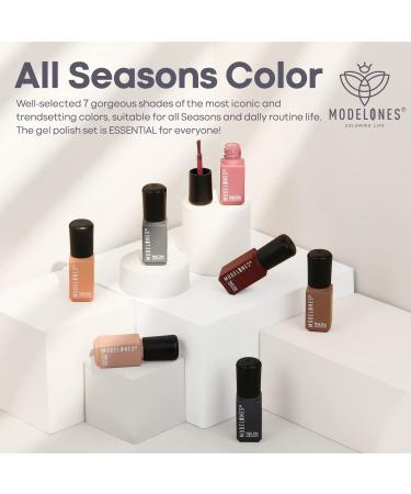 Modelones Gel Nail Polish Set - 7 Colors Nude Pink Brown Gray Kit | Salon-Quality Soak Off Polish with LED Lamp | Classic Modern Manicure Gift Kit - Buy Online on GoSupps.com