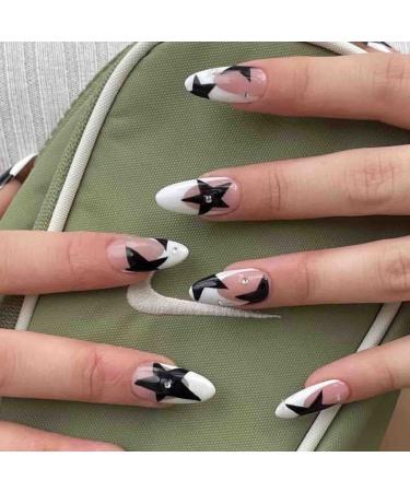 Press on Nails Medium Almond French Tip Fake Nails Full Cover False Nails with Black Stars Designs Glossy Acrylic Nails with Rhinestones Artificial Nails for Women Girls 24 Pcs Almond Style1