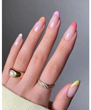 Justotry 24 PCs Rainbow French Nails to stick on oval short color press on nails with glue classic almond art nail fake nails medium for nails art fingernails for gluing for women 921rainbow & French10 - Buy Online on GoSupps.com
