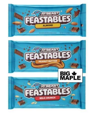 Mr. Beast Feastables (3) Chocolate Candy Bar Variety Bundle. Includes the following flavours Almond Peanut Butter Milk Crunch (60g per) BIG MAPLE Trivia Cards. Great Snack for Home School Office Friends Family School