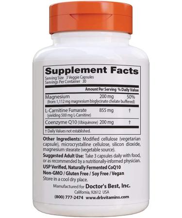 Doctor's Best CoQ10 L-Carnitine Magnesium - 90 Veggie Caps for Heart Health & Energy Support - Buy Online on GoSupps.com