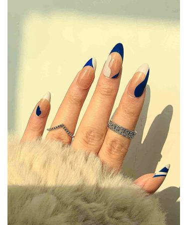 Sankki Almond French Tip Press on Nails - 24Pcs Blue White Abstract Design | Medium Length Nude False Nails for Women and Girls - Buy Online on GoSupps.com