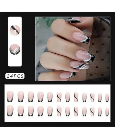 Black French Tip Press on Nails Coffin Medium with Silver Glitter Line Designs - 24Pcs - Buy Online on GoSupps.com