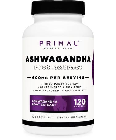 Primal Ashwagandha Root Extract 120 Capsules 600mg per Serving - Gluten-Free GMO-Free