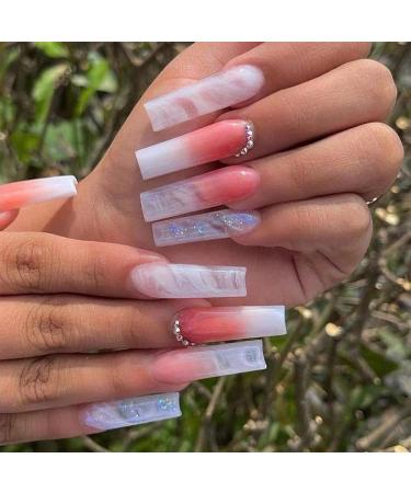 Press on Nails Long Fake Nails Coffin Full Cover Glue on Nails Acrylic with Rhinestone and Marble Designs Pink Gradient Change False Nails for Women and Girls 24PCS Lg23