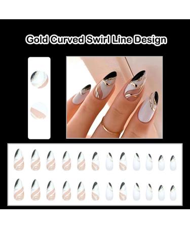Shop Stylish Almond Short Medium Black & White Press on Nails with Gold Curve Design - Perfect for Weddings & Birthdays | Gel Glue Included - Buy Online on GoSupps.com