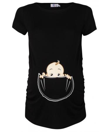 HAPPY MAMA. Women's Maternity Baby in Pocket Print T-Shirt Top Tee Shirt. 501p 12-14 Black