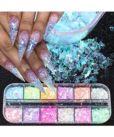 Mermaid Flake Nail Glitter Sequins, CHANGAR Iridescent Ice Slag Nail Glitter Colorful Fluorescent Glass Paper Nail Sticker Holographic Nail Glitter for Make Up DIY Nail Decoration 2