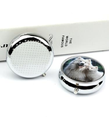 Round Pill Box with White Dog Print - 3 Compartment Portable Medicine Organizer | Decorative Metal Pocket Pill Case - Style 35 - Buy Online on GoSupps.com